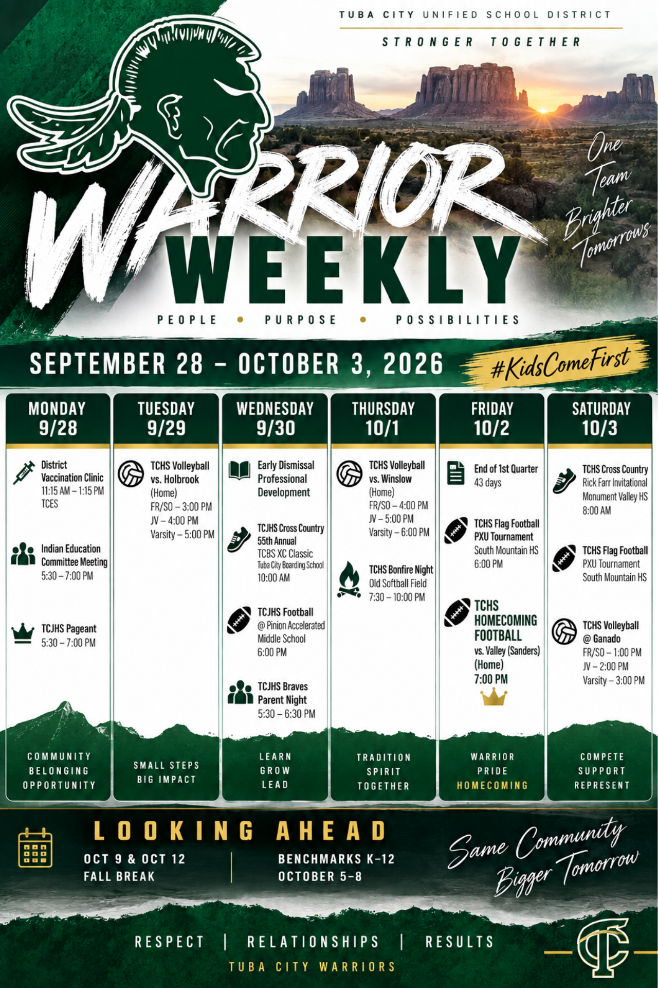 A schedule flyer titled "Warrior Weekly" displays school events and sports for September 28 to October 3, 2026.